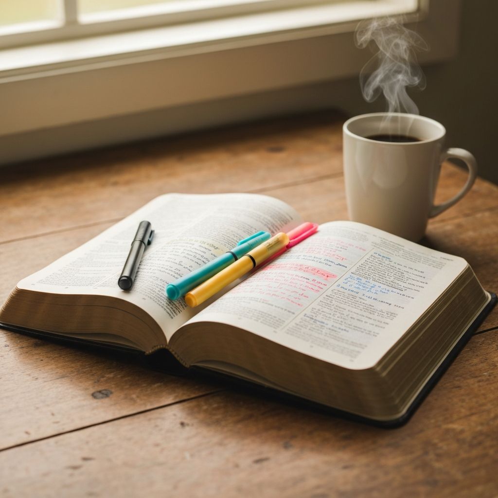 Otwarta Biblia studyjna z notatkami i zakreślaczami na drewnianym biurku z filiżanką kawy